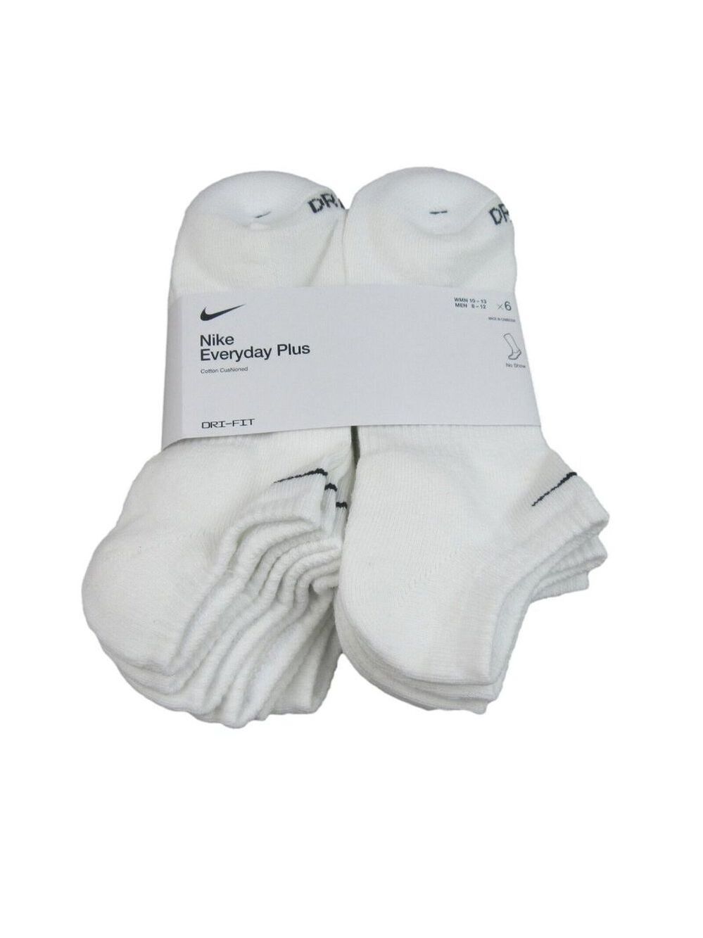 Nike Everyday Plus No Show Socks 6 Pack Mens Size 8-12 White Dri-Fit NEW